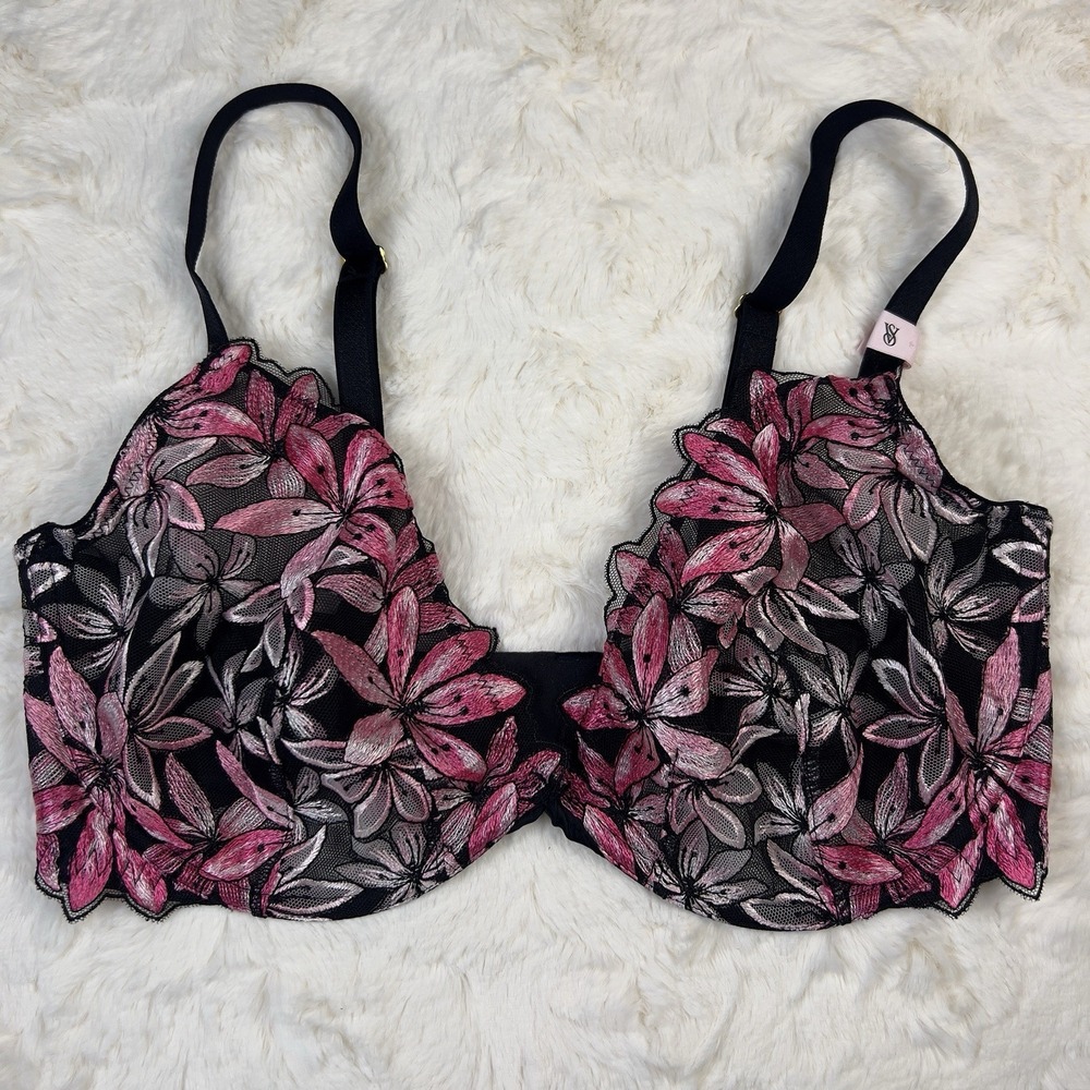 Victoria's‎ Secret Very Sexy Low Cut Demi Bra Pink Black Mesh Floral 34D NWT